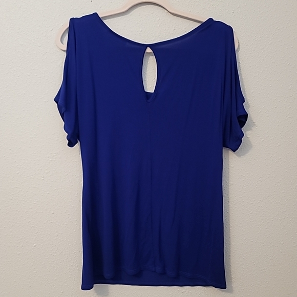 Royal Blue Embroidered Cold Shoulder Top by AGENDA Sz M~ keyhole back - Picture 10 of 11